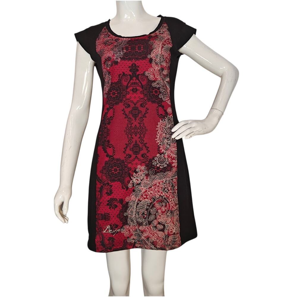 Desigual Red Black Print Shift Dress Cap Sleeve Boho Mini Size S
